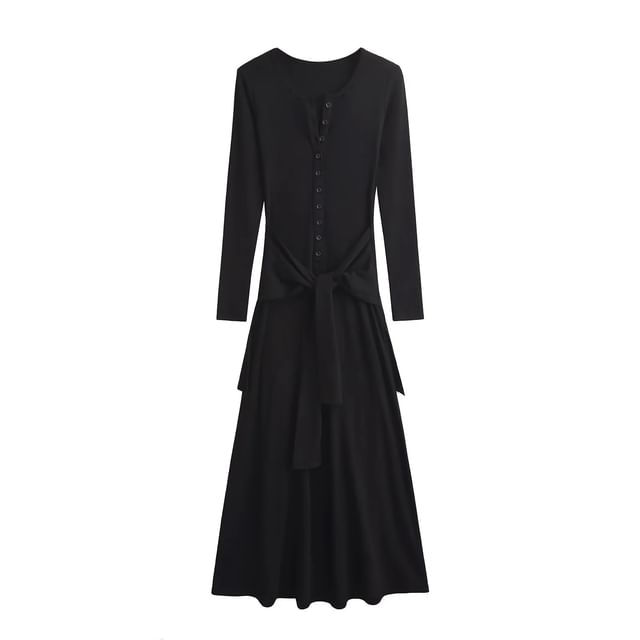 Henley Long-Sleeve Tie Waist T-Shirt Maxi Dress