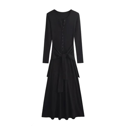 Henley Long-Sleeve Tie Waist T-Shirt Maxi Dress
