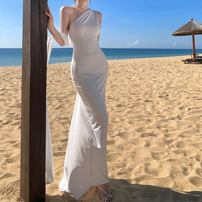 One-Shoulder Sleeveless Open Back Sheath Maxi Dress