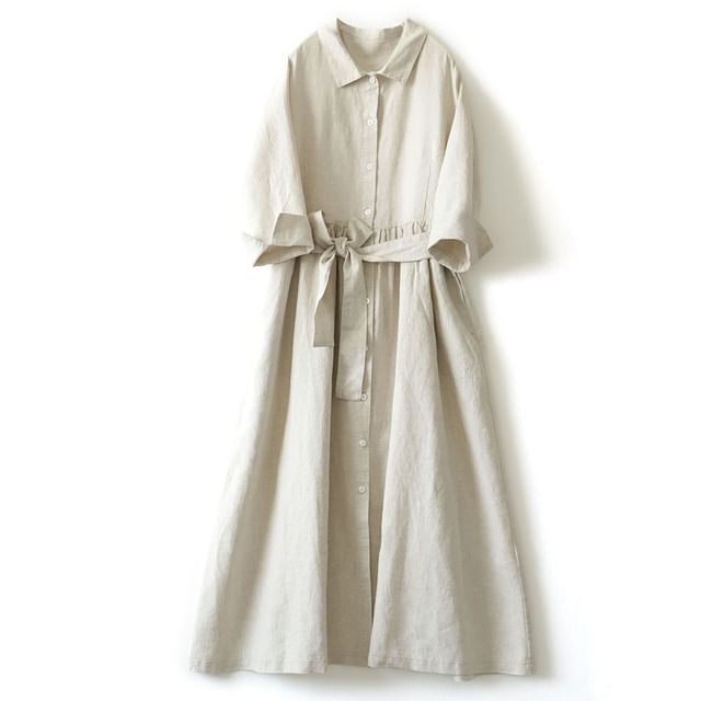 3/4 Sleeve Collared Button Down Belted Linen Maxi Dress