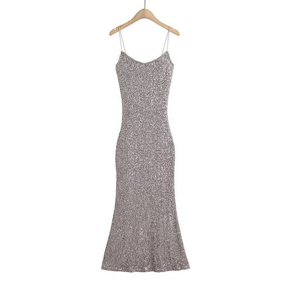 Spaghetti Strap Scoop Neck Glitter Slim-Fit Bodycon Maxi Dress