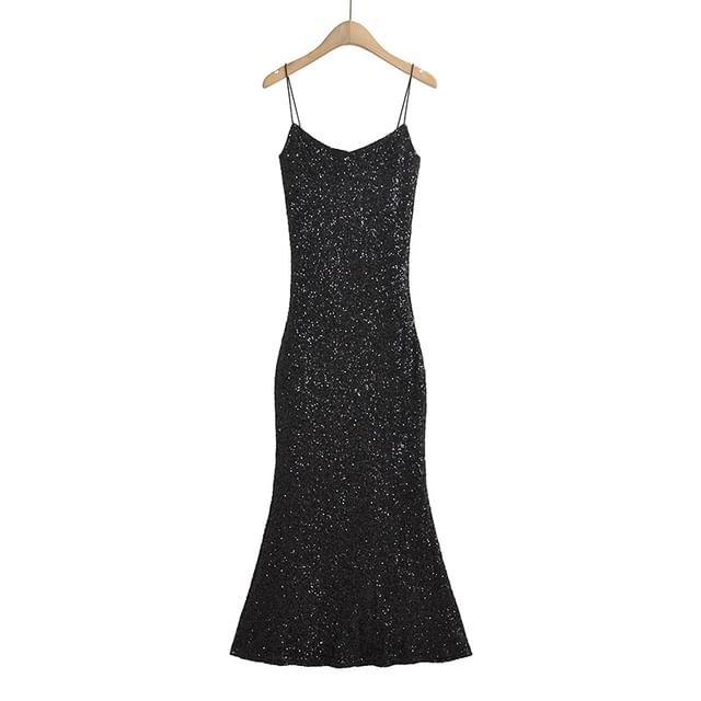 Spaghetti Strap Scoop Neck Glitter Slim-Fit Bodycon Maxi Dress