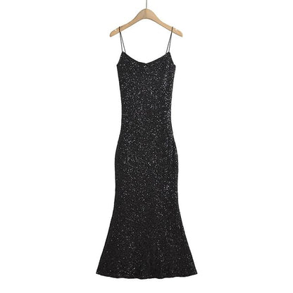 Spaghetti Strap Scoop Neck Glitter Slim-Fit Bodycon Maxi Dress