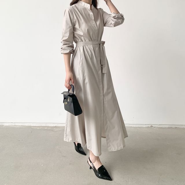 Band Collar Long Sleeve A-Line Shirt Maxi Dress