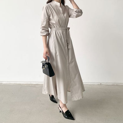 Band Collar Long Sleeve A-Line Shirt Maxi Dress