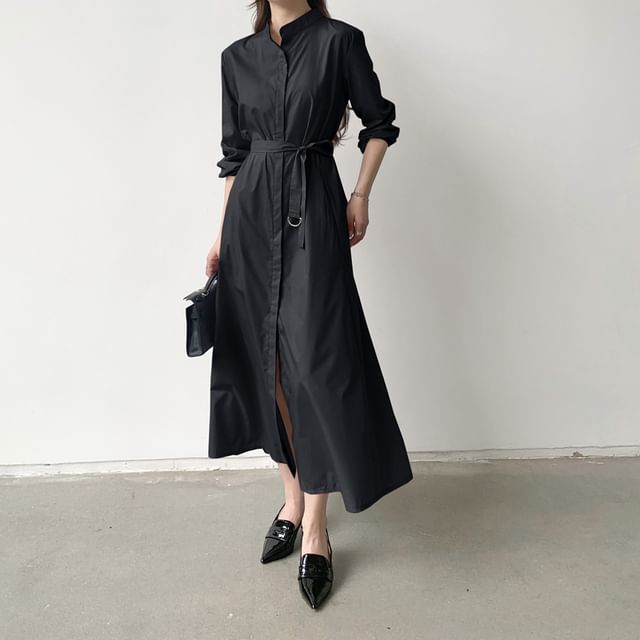 Band Collar Long Sleeve A-Line Shirt Maxi Dress