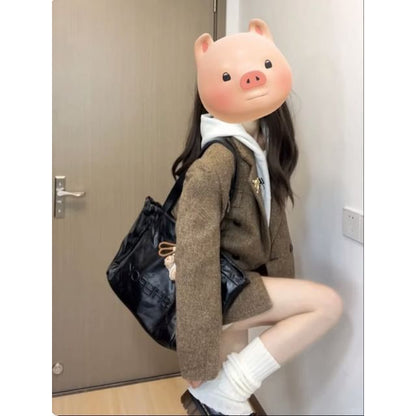 Plain Double-Breasted Blazer / Long-Sleeve Mini Hoodie Dress