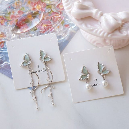 Rhinestone Faux Drop Pearl Earring Butterfly
