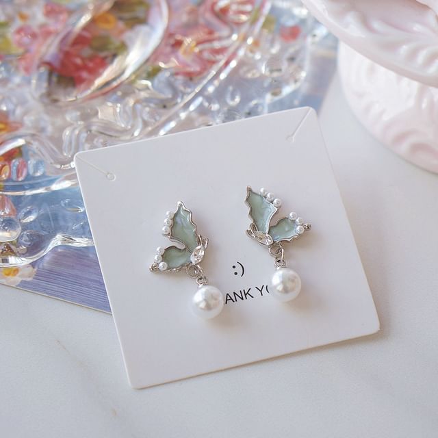 Rhinestone Faux Drop Pearl Earring Butterfly