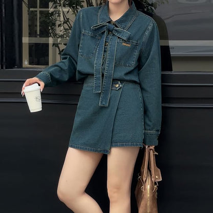 Plus Size Set: Long Sleeve Collared Washed Bow Denim Shirt + High Rise Asymmetrical Mini A-Line Skirt