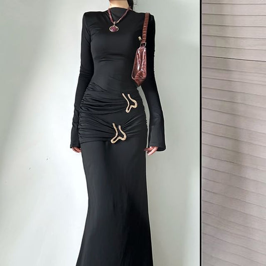 Mock Neck Long-Sleeve Ruched Sheath Maxi Dress