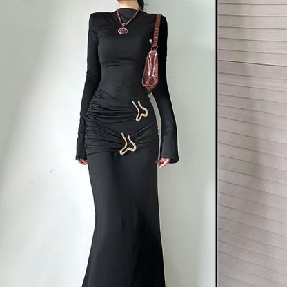 Mock Neck Long-Sleeve Ruched Sheath Maxi Dress