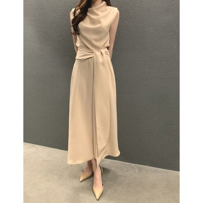Mock Neck Sleeveless Slit Waist A-Line Maxi Dress