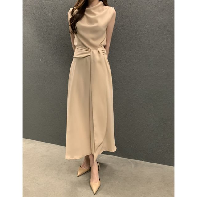 Mock Neck Sleeveless Slit Waist A-Line Maxi Dress