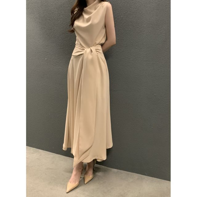 Mock Neck Sleeveless Slit Waist A-Line Maxi Dress
