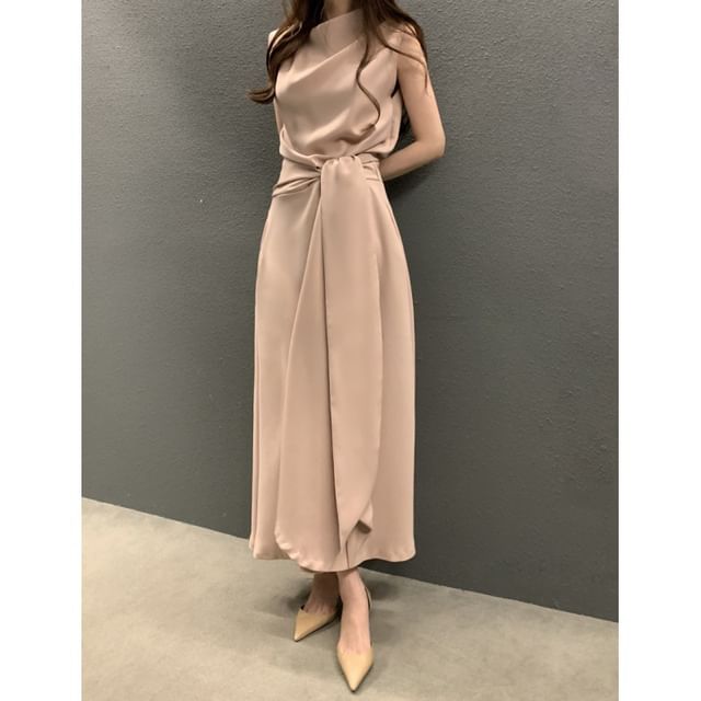 Mock Neck Sleeveless Slit Waist A-Line Maxi Dress