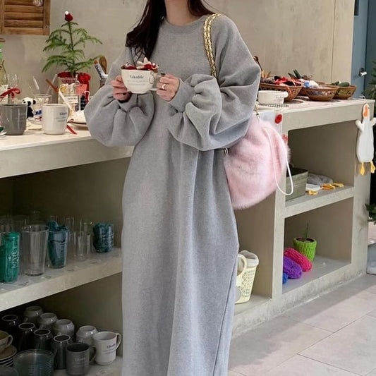 Crew Neck Plain Long-Sleeve Sweatshirt Maxi Dress
