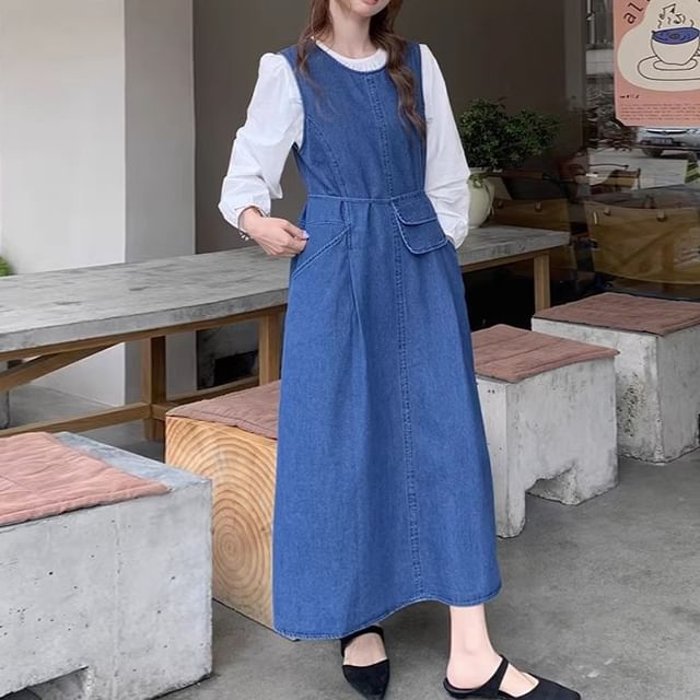 Round Neck Denim Dungaree Dress with Crossbody Bag Set