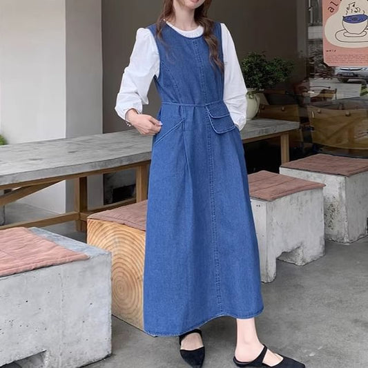 Round Neck Denim Dungaree Dress with Crossbody Bag Set