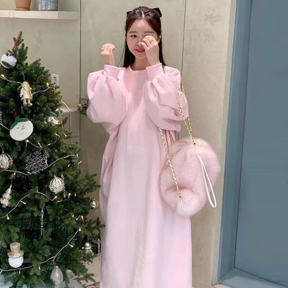 Crew Neck Plain Long-Sleeve Sweatshirt Maxi Dress