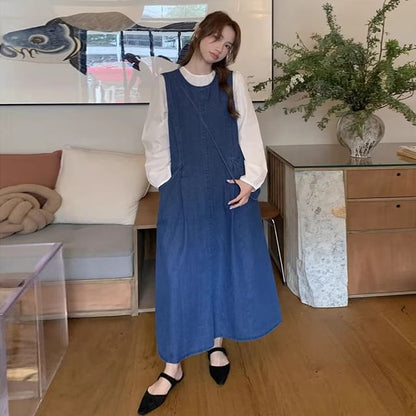 Round Neck Denim Dungaree Dress with Crossbody Bag Set