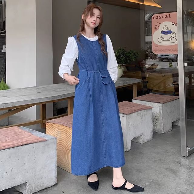 Round Neck Denim Dungaree Dress with Crossbody Bag Set