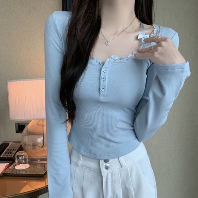 Plain Lace-Trim Henley Long-Sleeve Shirt