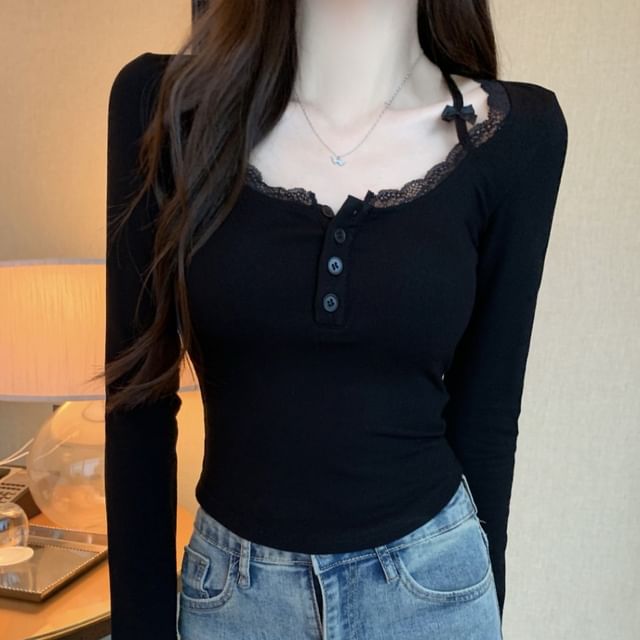 Plain Lace-Trim Henley Long-Sleeve Shirt