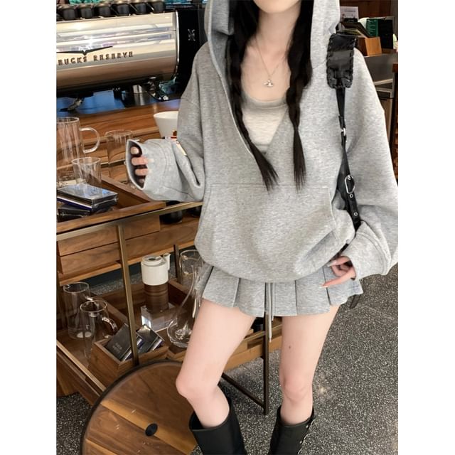 Puff-Sleeve Hoodie, Tank Top, and Pleated Skirt Set