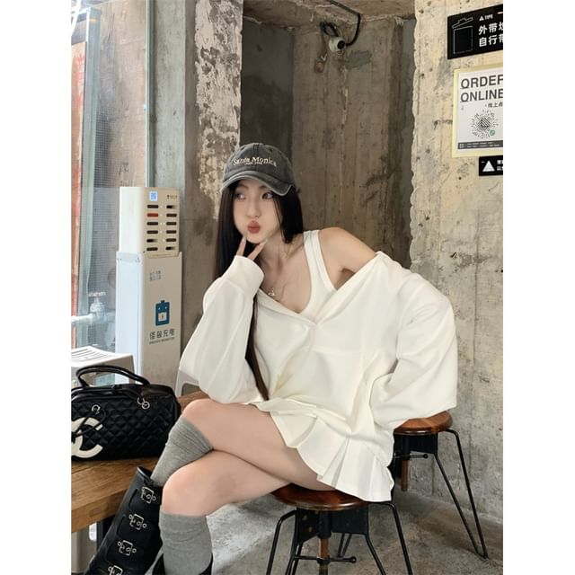 Puff-Sleeve Hoodie, Tank Top, and Pleated Skirt Set