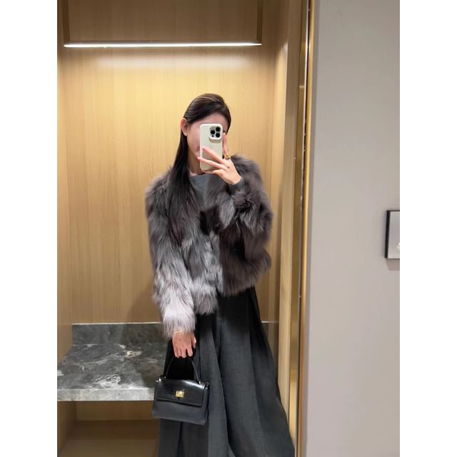 Round Neck Plain Faux Fur Jacket