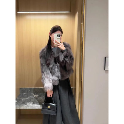 Round Neck Plain Faux Fur Jacket