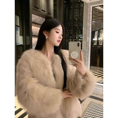 Round Neck Plain Faux Fur Jacket