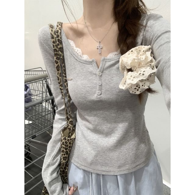 Henley-Style Lace Trim Long-Sleeve Tee