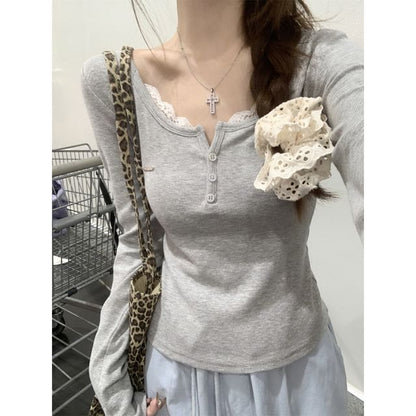 Henley-Style Lace Trim Long-Sleeve Tee