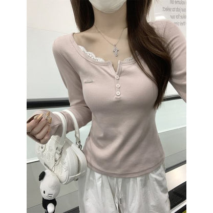 Henley-Style Lace Trim Long-Sleeve Tee