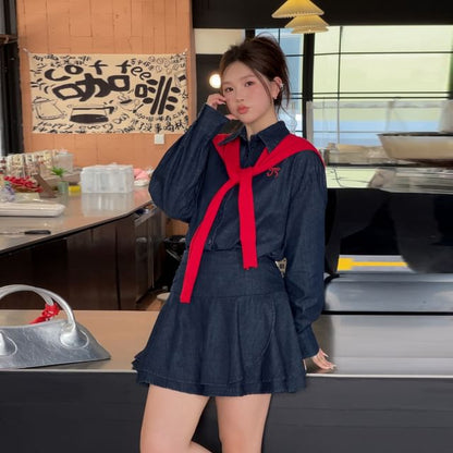 Plus Size Long-Sleeve Bow Embroidered Denim Shirt / High Waist Mini A-Line Skirt / Plain Capelet / Set