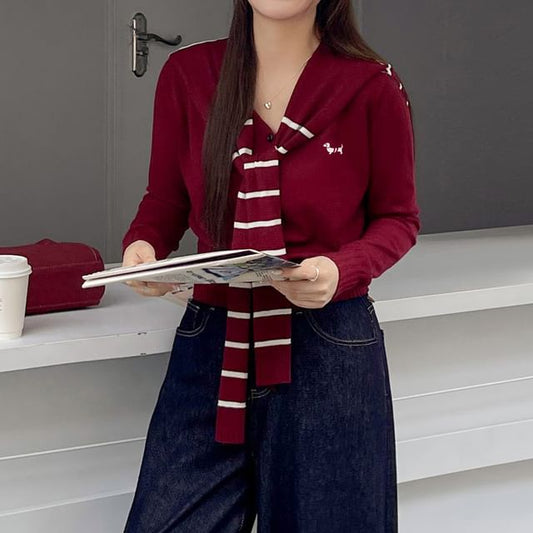 Plus Size Set: Dog Print Sweater + Striped Knit Cape