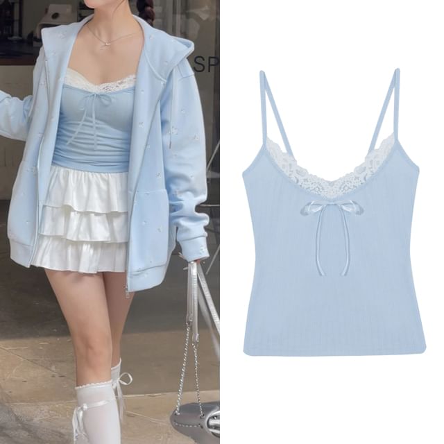 Plus Size Plain Bow Lace Trim Cami Top