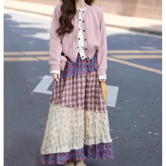 Plaid Patchwork Maxi Skirt / Two Tone Cardigan Set