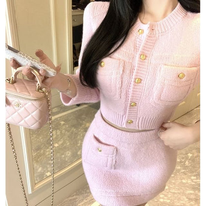 Crew Neck Cropped Pocket Cardigan / Mini Pencil Skirt