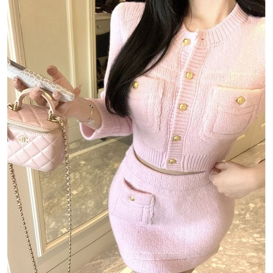 Crew Neck Cropped Pocket Cardigan / Mini Pencil Skirt