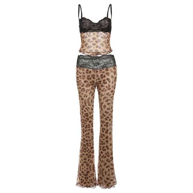 Leopard Lace Crop Cami and Low-Rise Pants Set