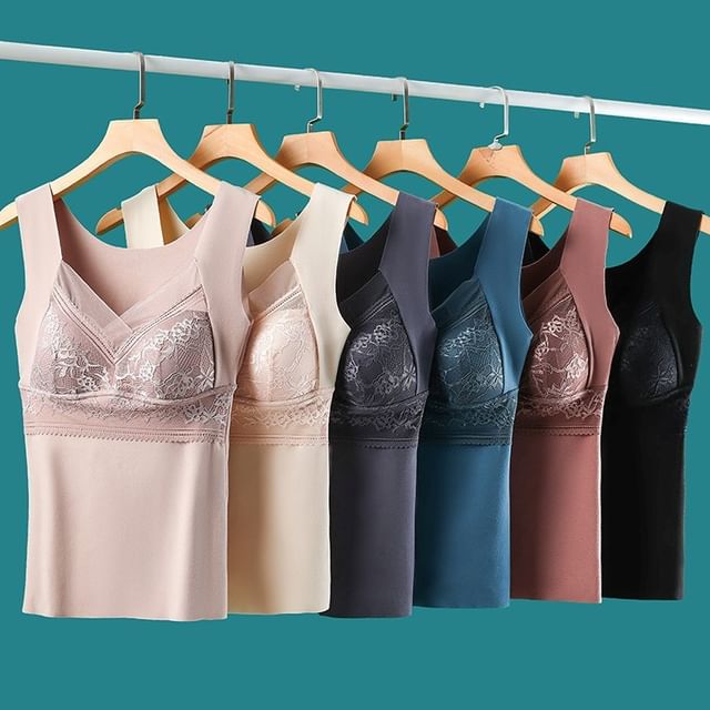 Padded V-Neck Lace Panel Tank