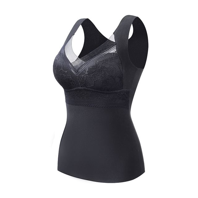 Padded V-Neck Lace Panel Tank