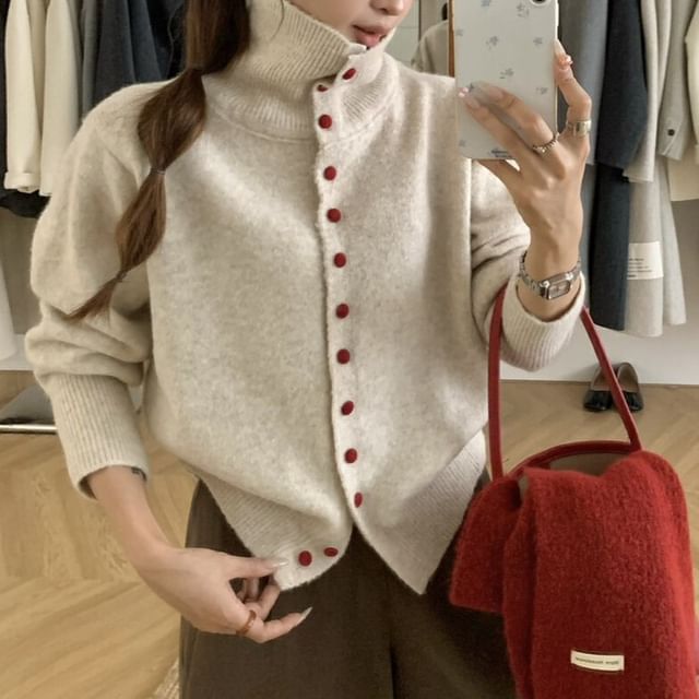 Turtleneck Plain Button-Up Cardigan