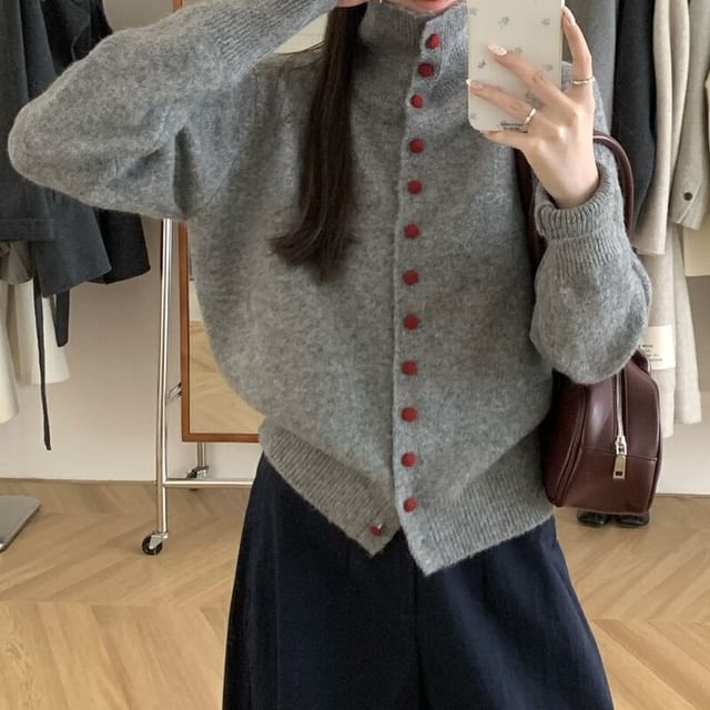 Turtleneck Plain Button-Up Cardigan