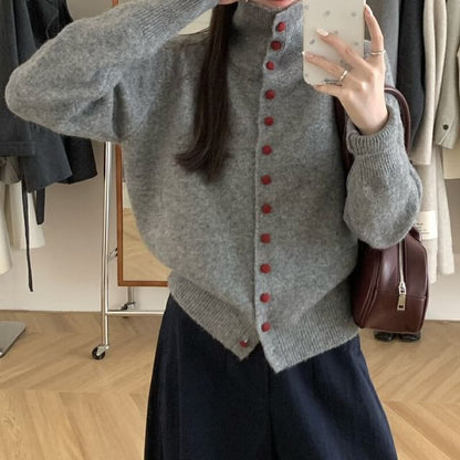 Turtleneck Plain Button-Up Cardigan
