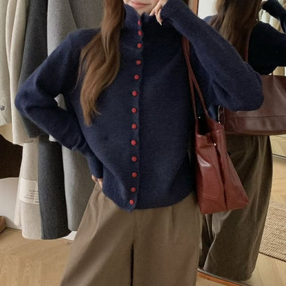 Turtleneck Plain Button-Up Cardigan