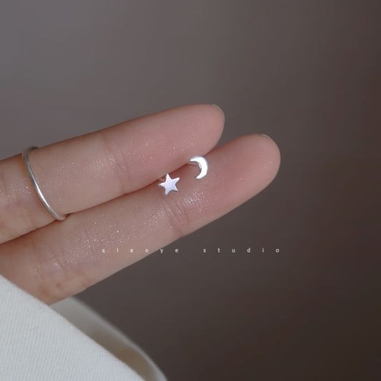 Asymmetrical Star Earring Silver 925 Stud Crescent Sterling
